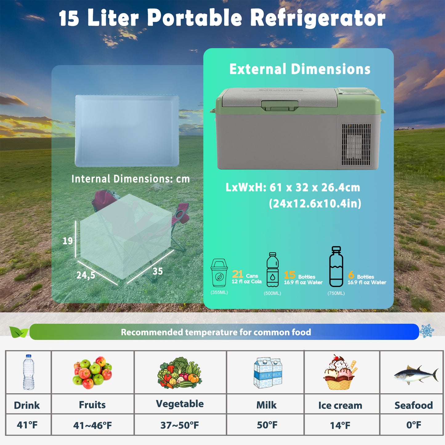 Alpicool Y15E Green Portable Car Fridge